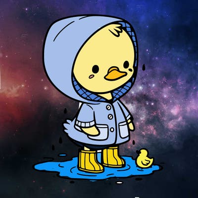 baby duck in a rain coat and boots, in a puddle while it’s raining