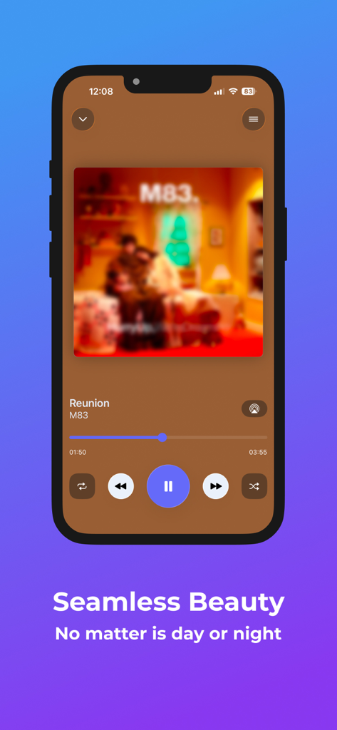 Pantalla de reproducción de Amuse Music Player en iPhone con carátula del álbum y controles de reproducción minimalistas