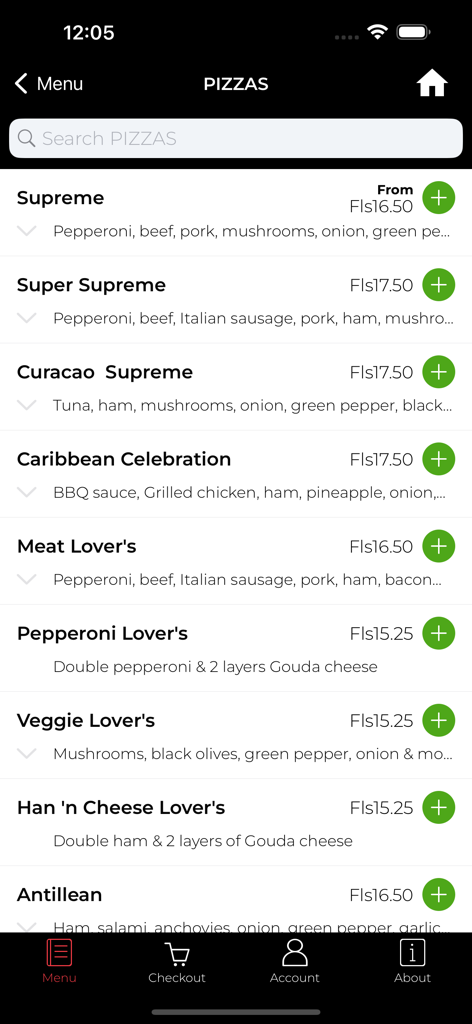 Menú móvil de la aplicación Pizza Hut Curacao que muestra diferentes variedades de pizza y precios locales