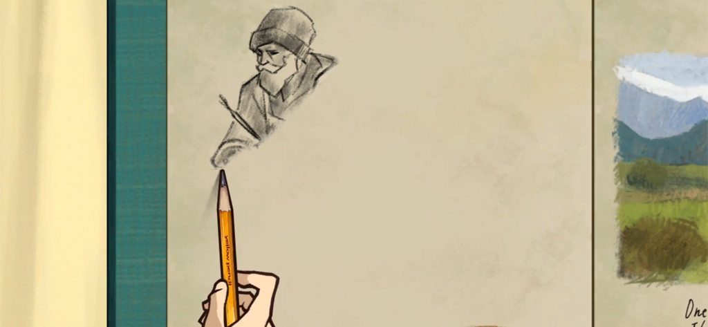 Crunchyroll: Behind the Frame - A hand using a yellow pencil to sketch a portrait of an old man in a notebook
