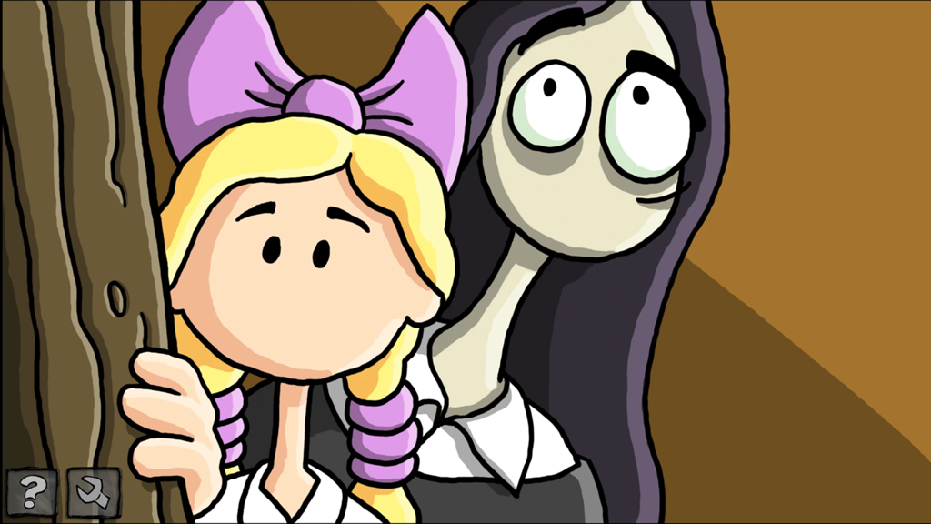 Lily and Edna in a hand drawn 2D cartoon scene from Harveys New Eyes