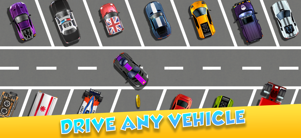 Top down view showing diverse cars in a parking lot from the Parking Mania game