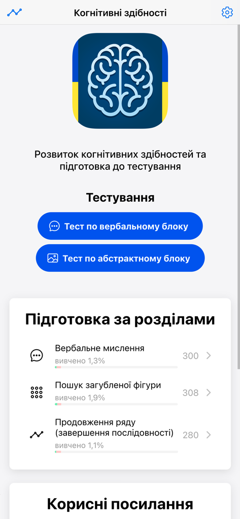 Когнітивні здібності - Main dashboard of the Cognitive Abilities app for Ukrainian judicial exam preparation showing verbal reasoning and abstract testing sections.