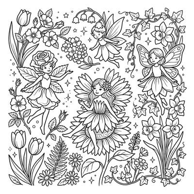 Dive into an enchanted garden filled with delightful flower fairies, each one waiting for a splash of color. This charming coloring page, designed for kids aged 4-8, features intricate botanical details and playful pixie friends.
