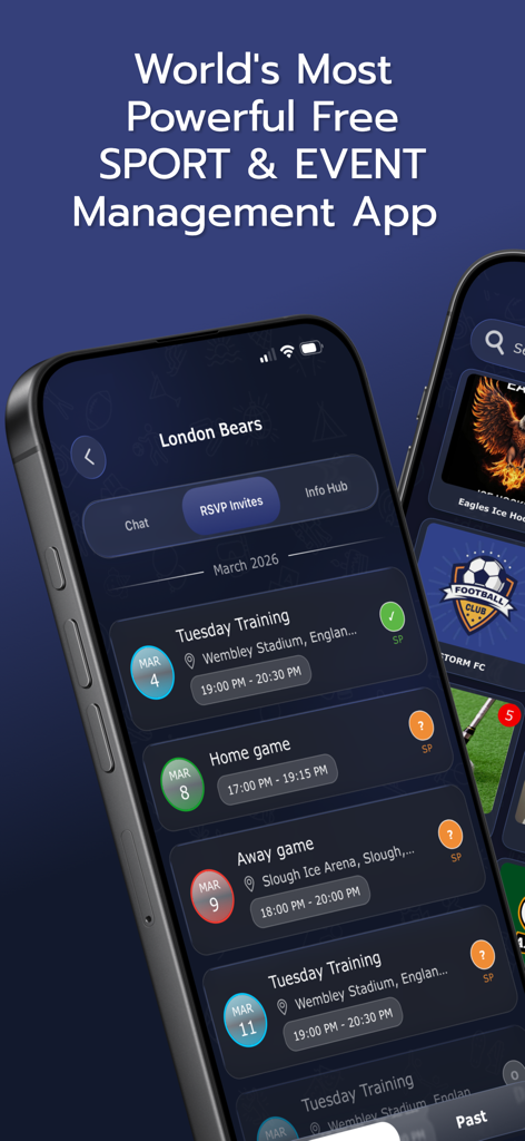 Invitem - Screenshot of Invitem mobile app showing sports team event scheduling and RSVP tracking.