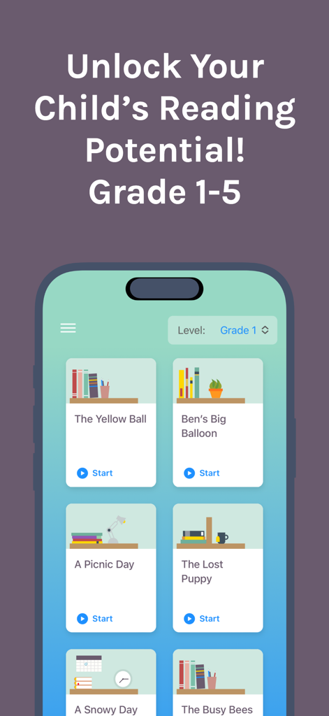 Master Reading Comprehension - La interfaz de la aplicación Domina la Comprensión Lectora mostrando una lista de historias de lectura para estudiantes de primer grado