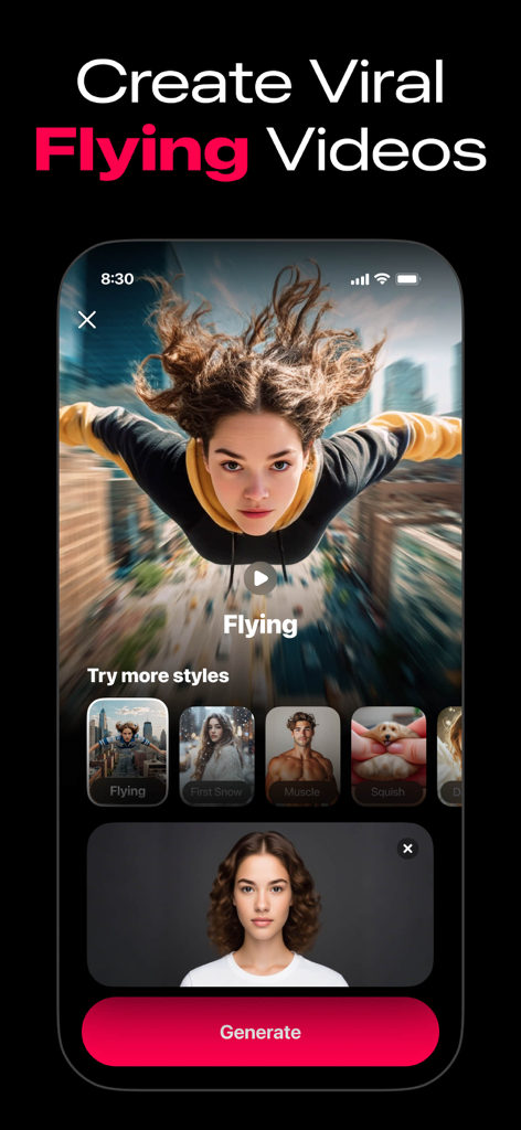 ArtReel app interface featuring a flying video template with various creative styles