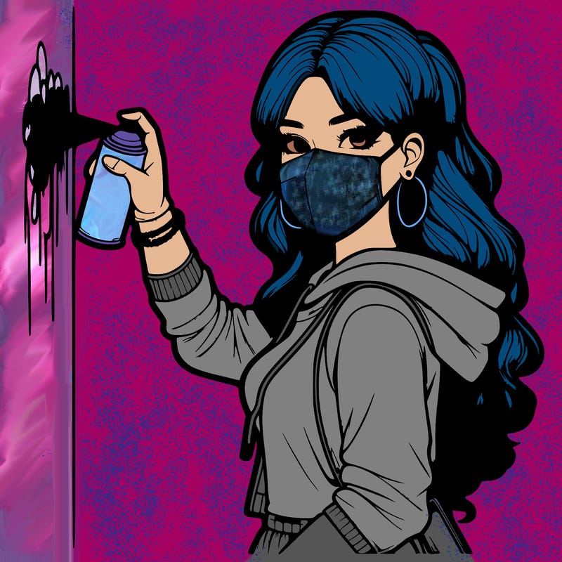 realistic girl with mask spray painting a wall