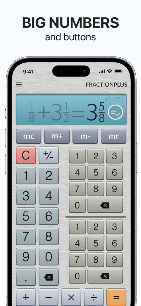 Fraction Calculator Plus app interface featuring a large display with fraction math and a triple keyboard layout for easy entry