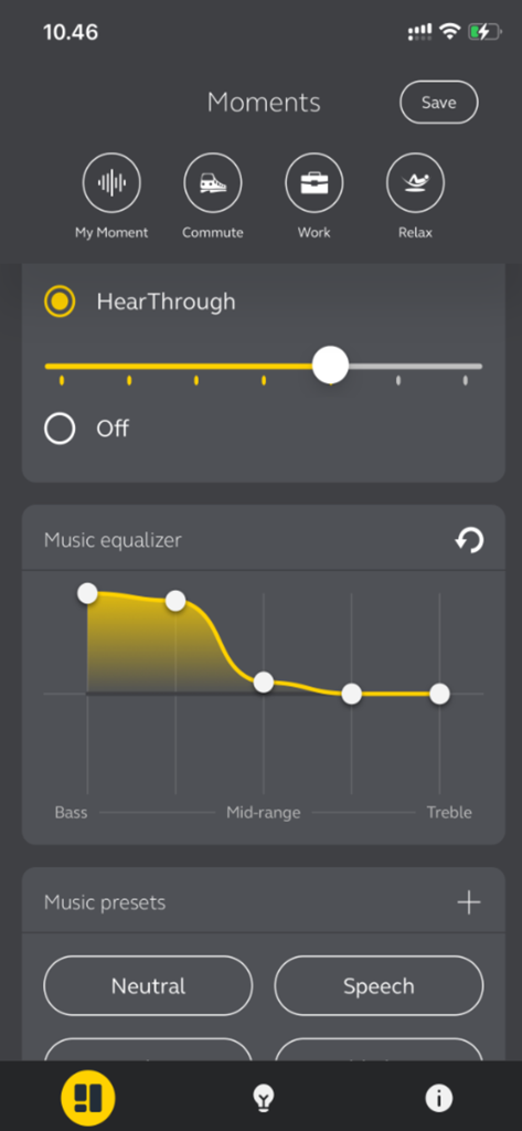 Jabra Sound plus app interface showing HearThrough control and five band music equalizer settings