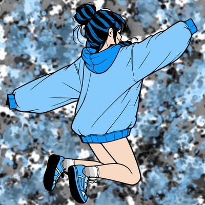 realistic girl jumping with a bun and oversized sweatshirt
