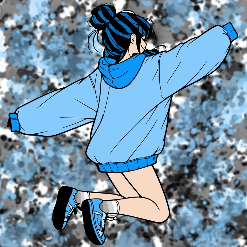 realistic girl jumping with a bun and oversized sweatshirt