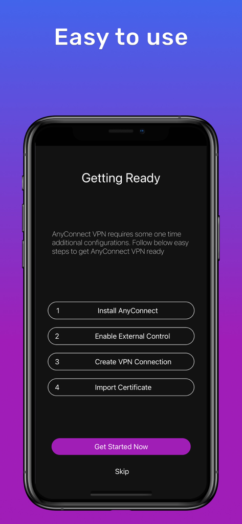 Easy setup screen for Hi-VPN integration with Cisco AnyConnect showing four simple steps