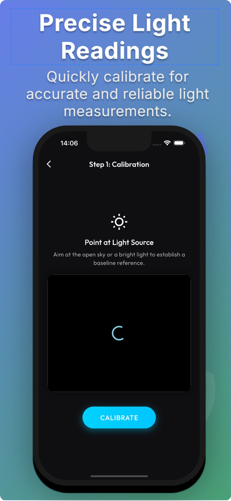 Window Tint Meter – VLT Meter - 정확한 판독을 위해 광원을 가리키는 방법을 보여주는 윈도우 틴트 미터 앱의 보정 인터페이스