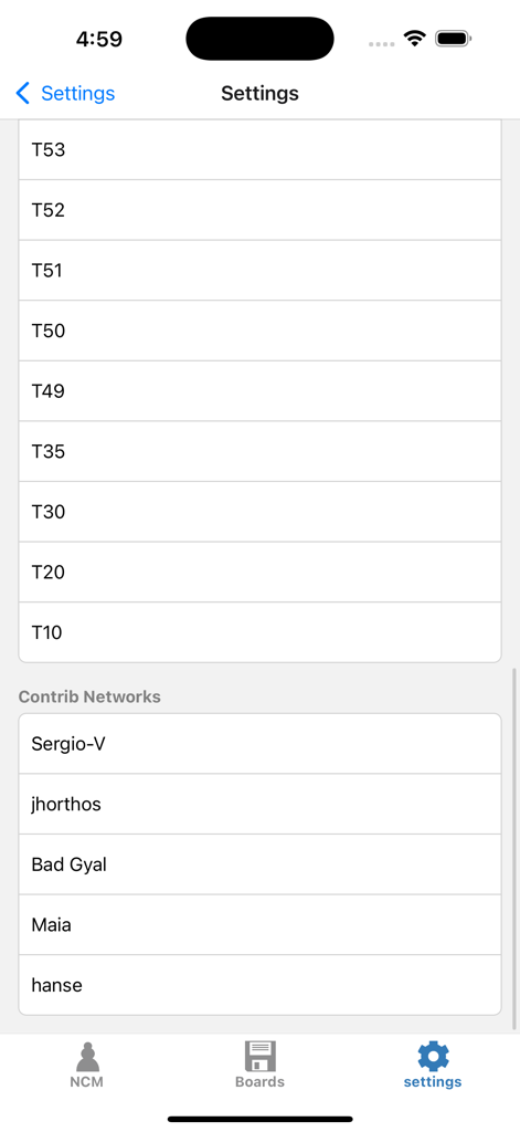 Settings menu in the Next Chess Move app listing various chess engine networks