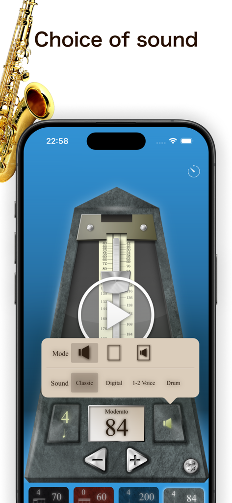 Metronome by Piascore app interface showing sound options like classic digital and drum with a mechanical metronome design