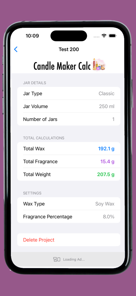 Mobile screen displaying precise soy wax and fragrance oil measurements for a candle project
