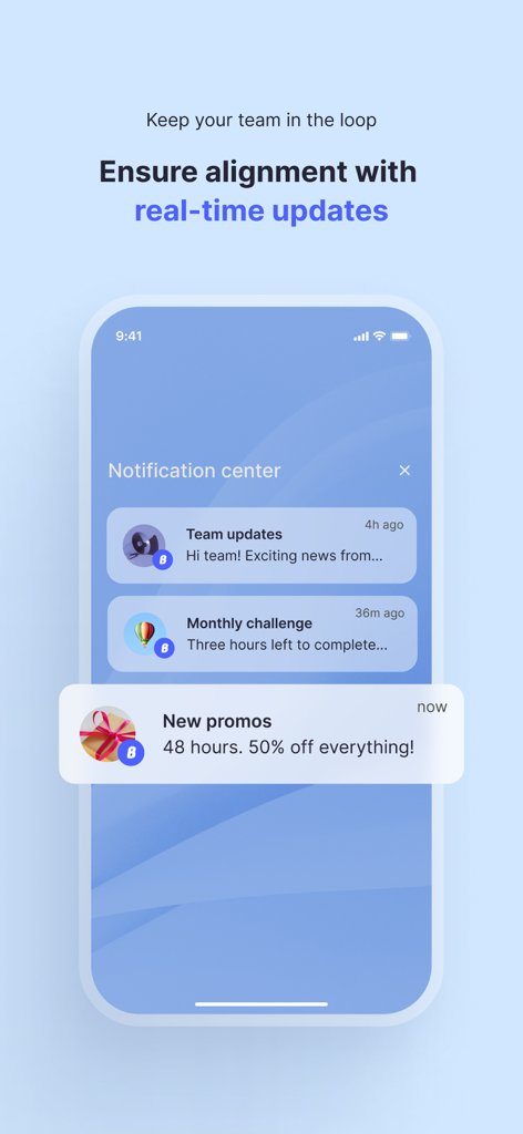 Tela do smartphone mostrando o centro de notificações do aplicativo Boards com atualizações da equipe e alertas de promoção
