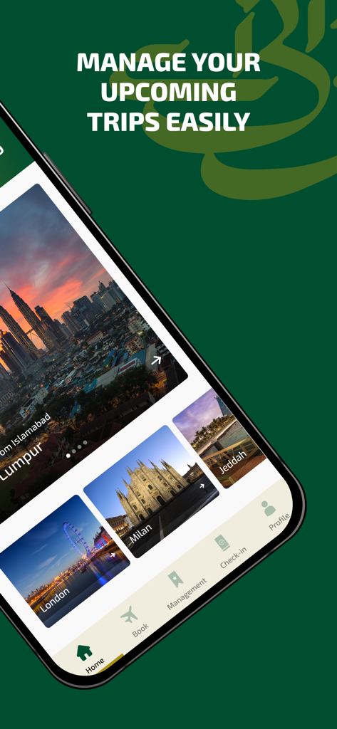 Interfaz de la aplicación móvil de PIA que muestra tarjetas de destino para Londres y Milán bajo el encabezado Gestione sus próximos viajes fácilmente.
