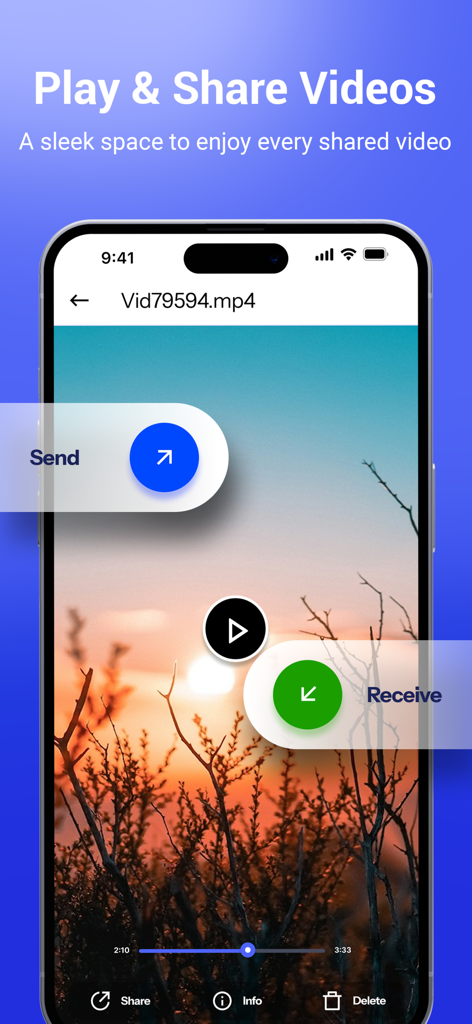 Interfaz del reproductor de video de la aplicación SnapDrop que muestra opciones de enviar y recibir para compartir multimedia