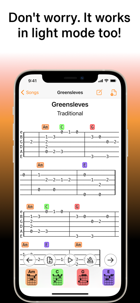 Interfaz de la aplicación SongFolio que muestra tablaturas y diagramas de acordes de guitarra para Greensleeves en modo claro.