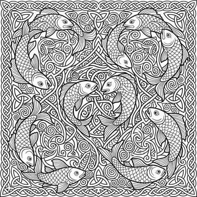 Unravel the beauty of ancient artistry with this intricate Celtic Fish Knots coloring page. Immerse yourself in a world of flowing lines and symbolic fish, perfect for a calming and creative escape.