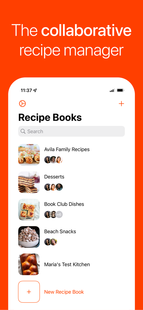 A list of shared and collaborative recipe books with contributor icons in the Umami app interface