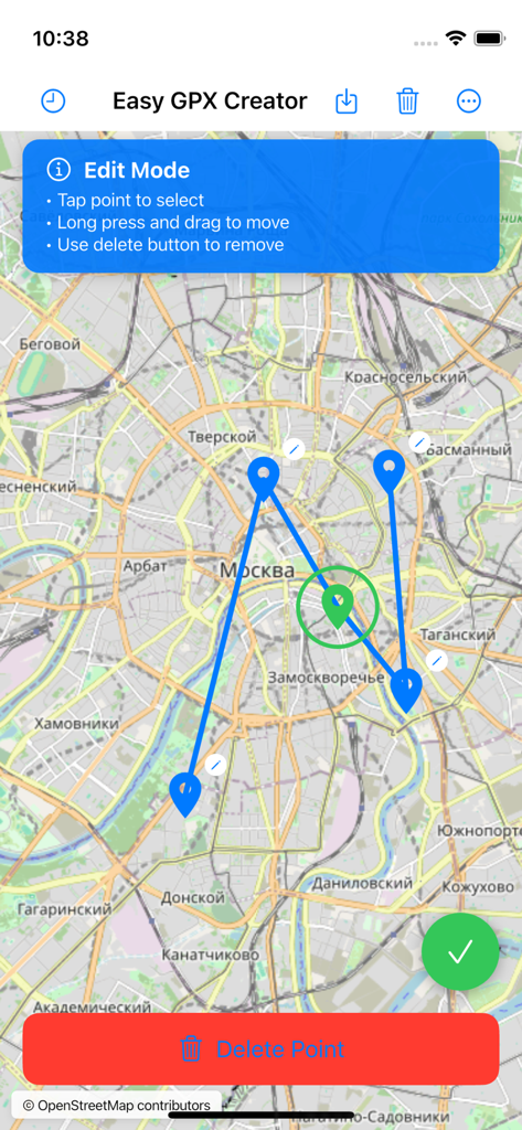Easy GPX Creator - Easy GPX Creator app interface showing the route edit mode on a city map with pin markers and lines.