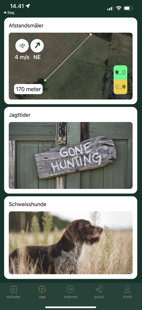 Jäger - Jagt & Jæger værktøjer - Panel de control de la aplicación de caza Jäger mostrando un mapa de telémetro, un cartel de temporadas de caza y un perro de rastreo.