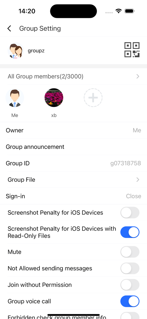 Group settings menu in ZenChatIM app displaying advanced privacy options like screenshot penalty and encrypted file sharing