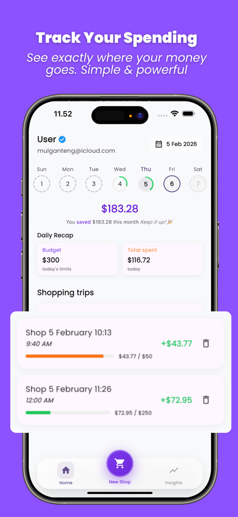 Cart - AI Smart Budget Tracker - Dashboard do aplicativo Cart AI mostrando limites de orçamento diário e uma lista de viagens de compras