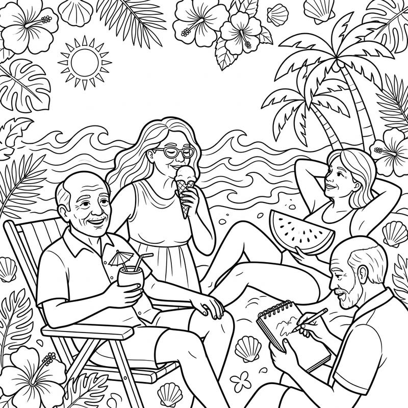 Relish the warmth of summer with this heartwarming coloring page, featuring joyful elderly individuals on a serene beach vacation. This delightful scene captures moments of relaxation and shared happiness under the sun.