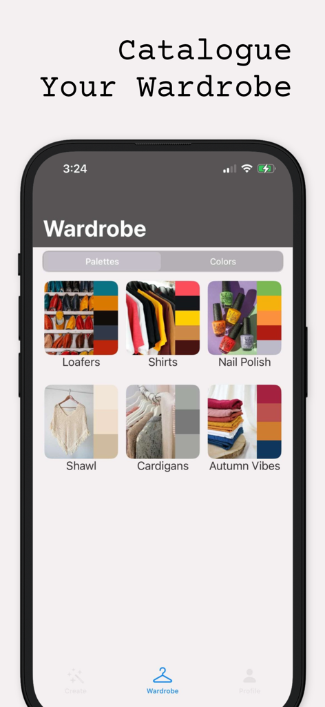 Hue IQ | Color Analysis - Hue IQアプリのインターフェースに、分類された衣類とカラーパレットを備えたデジタルワードローブカタログが表示されている