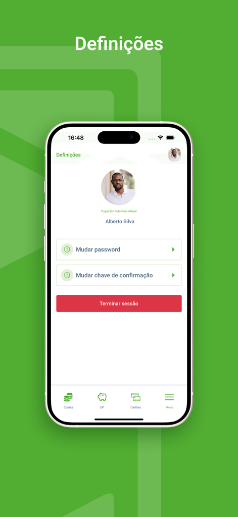 Página de configurações da aplicação Caixanet Mobile exibindo perfil de utilizador e configurações de segurança