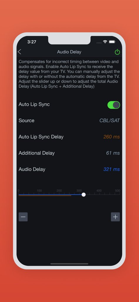Schermata delle impostazioni di ritardo audio e sincronizzazione labiale dell'app Denon AVR Remote.