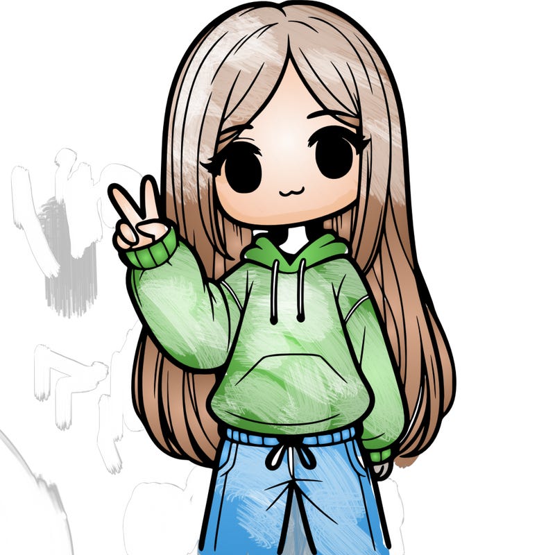 girl with straight down hair wearing a sweater and sweatpants doing the peace sign