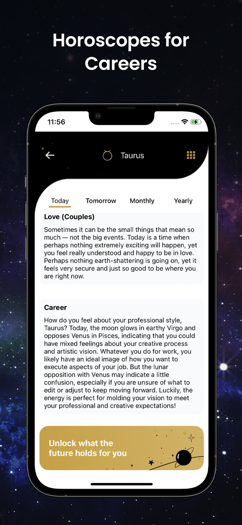 Uma interface de aplicativo móvel mostrando horóscopos diários de carreira e amor para o signo do zodíaco de Touro.