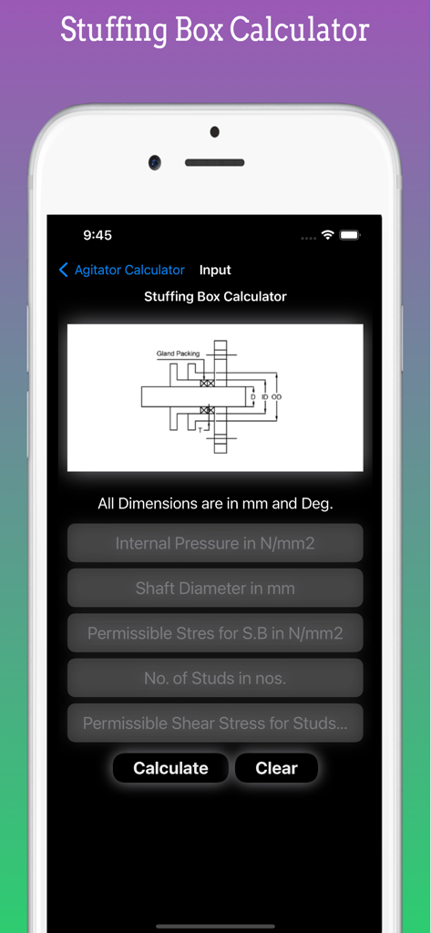 Agitator Design Pro - Mobile interface of the Stuffing Box Calculator feature in the Agitator Design Pro app showing a technical diagram and input fields for engineering calculations.