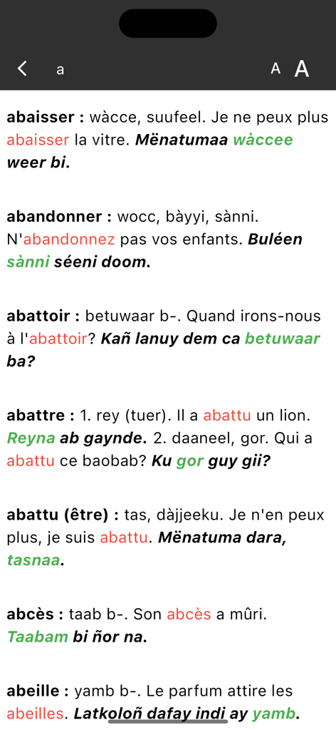 Schermata che mostra le voci del dizionario dal francese al wolof con frasi di esempio