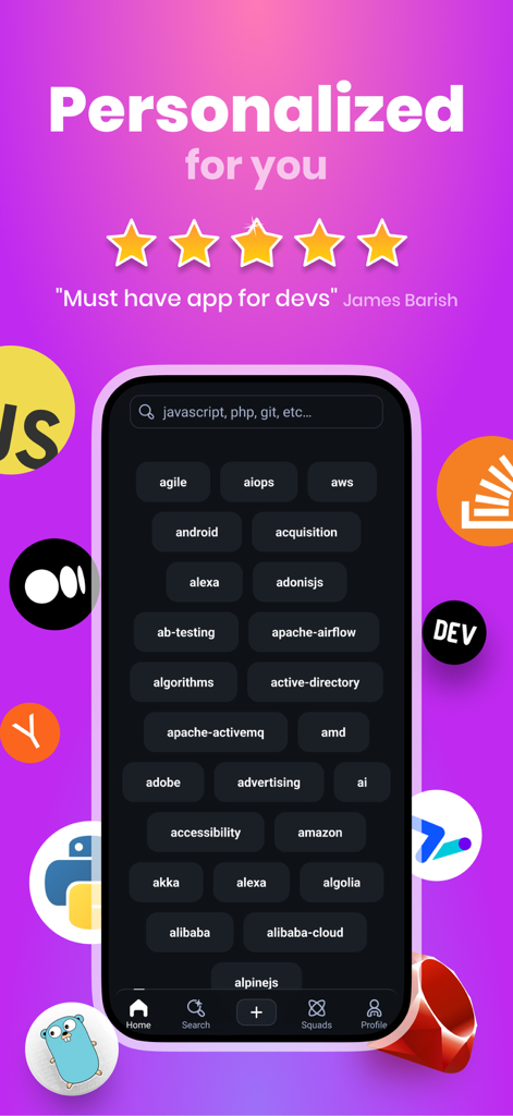 daily.dev - Una captura de pantalla de la aplicación daily.dev que muestra una interfaz de búsqueda personalizada con etiquetas de stack tecnológico y logotipos de la comunidad de desarrolladores.
