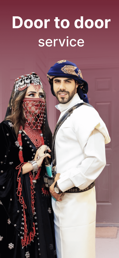 A couple in traditional Yemeni clothing standing in front of a door with the text Door to door service