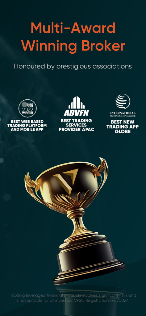 Exhibición del bróker multigalardonado de Vantage con un trofeo dorado y logotipos de reconocimiento de la industria