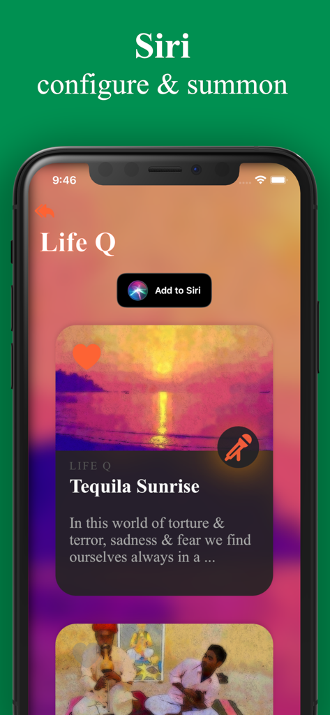 Poetik: On Poems and Poetry - Pantalla de teléfono inteligente que muestra la aplicación Poetik con un botón Añadir a Siri y un poema titulado Tequila Sunrise.