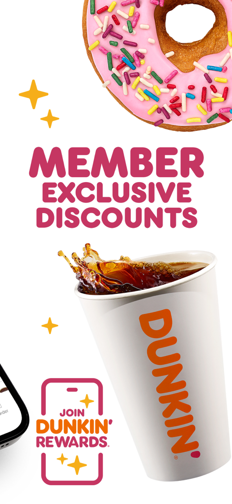 Banner promocional de Dunkin Rewards con descuentos exclusivos para miembros con un donut rosa y una taza de café helado.