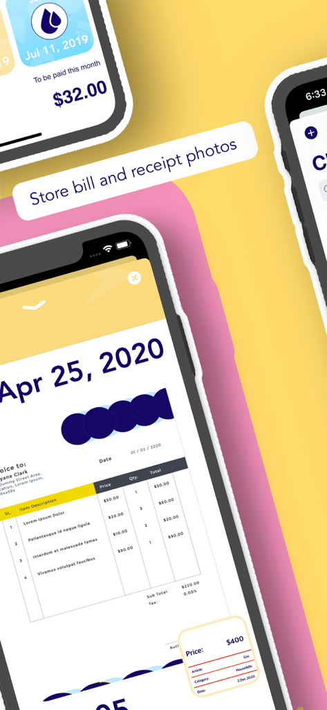 A smartphone screen displaying a scanned invoice and receipt storage within the My Home Bills app interface