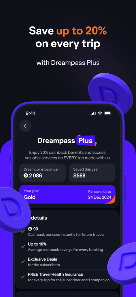 Dreampass - Dreampass Plus app screen showing user savings, dreamcoins balance, and exclusive travel benefits like cashback and insurance.