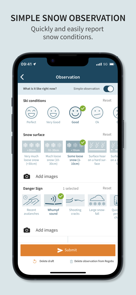 Varsom - Varsom app interface for reporting snow conditions including ski quality, snow surface depth, and avalanche danger signs