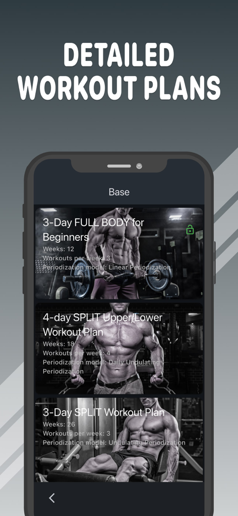 SMART IRON Gym Workout Routine - Interface of the SMART IRON app displaying a variety of structured gym workout plans including full body and split routines
