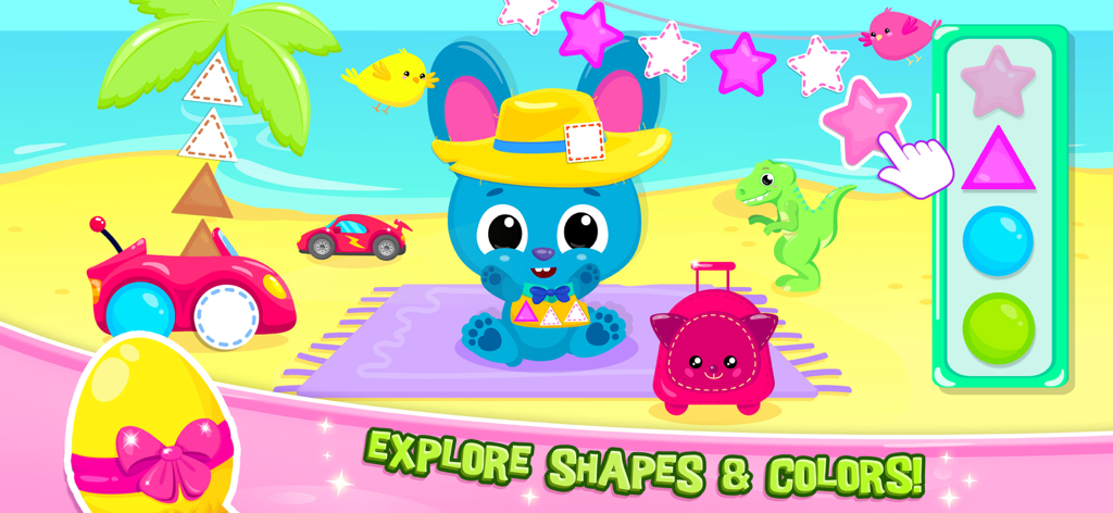 A preschool educational game screen showing a cute blue bunny on a beach where children match colorful stars and geometric shapes.