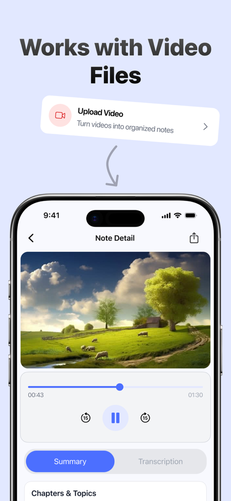 Fathom AI app interface showing the summarization of a video file on an iPhone